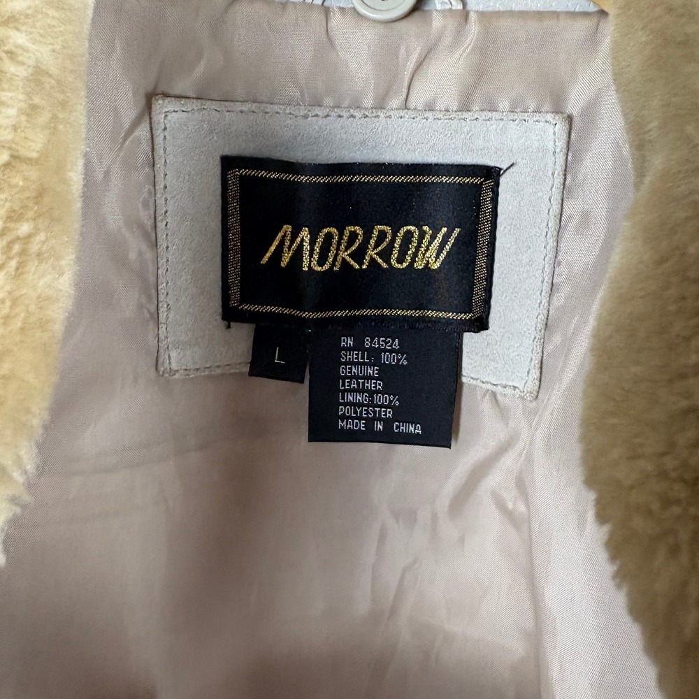 Vintage Morrow Sage Suede Leather Jacket Faux Fur Collar Knit Sleeves L Belted — image 2 of 8